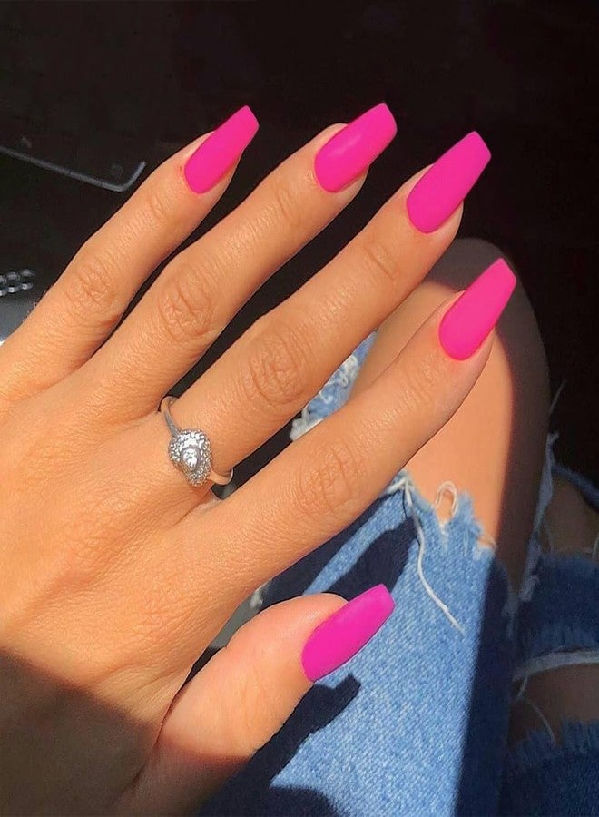 XCREANDO Matte Hot Pink Press On Nails Medium Long Square, Xcreando Medium Coffin Nails Acrylic Press ons Glue on Nails Long Length, Solid Color Fake Nail for Women, Natural Thick Artificial Nail Stick on - Image 1